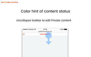 Don’t make me think
Color hint of content status
guillotina.plone.org
100%17:14G Mobile 100%17:14G Mobile
Uncollapse toolbar to edit Private content
 
