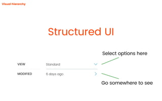 Structured UI
Visual hierarchy
Standard
6 days ago
VIEW
MODIFIED
!
!
Select options here
Go somewhere to see
 
