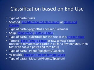 Classification based on End Use
• Type of pasta Fusilli
• Seafood -San Marzano red clam sauce or clams and
chorizo:
• Type of pasta Spaghetti/Capellinin/Calamani
• Soup -Minestrone, Pasta e Fagioli,
• Type of pasta - substitute for the rice in this chicken soup
• Tomato -Basic Tomato Sauce or raw tomato sauce
(marinate tomatoes and garlic in oil for a few minutes, then
toss with cooked pasta and torn basil)
• Type of pasta - Penne/Spaghetti/Capellini
• Vegetable -Eggplant-Pepper Tomato Sauce
• Type of pasta - Macaroni/Penne/Spaghetti
 