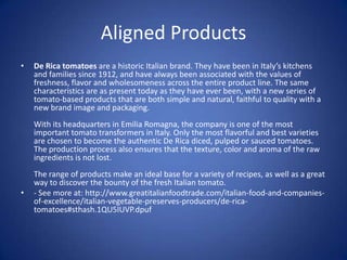 Aligned Products
• De Rica tomatoes are a historic Italian brand. They have been in Italy’s kitchens
and families since 1912, and have always been associated with the values of
freshness, flavor and wholesomeness across the entire product line. The same
characteristics are as present today as they have ever been, with a new series of
tomato-based products that are both simple and natural, faithful to quality with a
new brand image and packaging.
With its headquarters in Emilia Romagna, the company is one of the most
important tomato transformers in Italy. Only the most flavorful and best varieties
are chosen to become the authentic De Rica diced, pulped or sauced tomatoes.
The production process also ensures that the texture, color and aroma of the raw
ingredients is not lost.
The range of products make an ideal base for a variety of recipes, as well as a great
way to discover the bounty of the fresh Italian tomato.
• - See more at: http://www.greatitalianfoodtrade.com/italian-food-and-companies-
of-excellence/italian-vegetable-preserves-producers/de-rica-
tomatoes#sthash.1QU5IUVP.dpuf
 