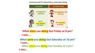 What were you doing last Saturday at 10 am?
What were you doing last Friday at 8 pm?
What were you doing last Sunday at 2 pm?
I was….
I was…
I was…
 