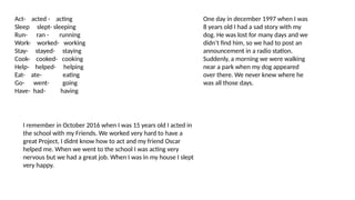 Act- acted - acting
Sleep slept- sleeping
Run- ran - running
Work- worked- working
Stay- stayed- staying
Cook- cooked- cooking
Help- helped- helping
Eat- ate- eating
Go- went- going
Have- had- having
One day in december 1997 when I was
8 years old I had a sad story with my
dog. He was lost for many days and we
didn’t find him, so we had to post an
announcement in a radio station.
Suddenly, a morning we were walking
near a park when my dog appeared
over there. We never knew where he
was all those days.
I remember in October 2016 when I was 15 years old I acted in
the school with my Friends. We worked very hard to have a
great Project, I didnt know how to act and my friend Oscar
helped me. When we went to the school I was acting very
nervous but we had a great job. When I was in my house I slept
very happy.
 