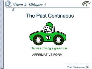 Tema 2. Bloque
5
Past Continuous Aff.
Tema 2. Bloque
5
Tema 2. Bloque
5
Tema 2. Bloque
5
Tema 2. Bloque
5
Tema 2. Bloque 5
The Past ContinuousThe Past Continuous
AFFIRMATIVE FORM
He was driving a green car
 