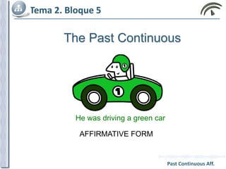 Tema 2. Bloque 5
Past Continuous Aff.
Tema 2. Bloque 5Tema 2. Bloque 5Tema 2. Bloque 5Tema 2. Bloque 5Tema 2. Bloque 5
The Past Continuous
AFFIRMATIVE FORM
He was driving a green car
 