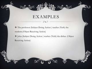 EXAMPLES
 The professor (Subject Doing Action ) teaches (Verb) the
students.(Object Receiving Action)
 John (Subject Doing Action ) washes (Verb) the dishes. (Object
Receiving Action)
 