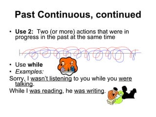 Past Continuous, continued Use 2:   Two (or more) actions that were in progress in the past at the same time Use  while Examples:   Sorry, I  wasn’t listening  to you while you  were talking . While I  was reading , he  was writing . 
