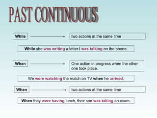 While                         two actions at the same time


    While she was writing a letter I was talking on the phone.


When                          One action in progress when the other
                              one took place.

        We were watching the match on TV when he arrived.

When                          two actions at the same time

   When they were having lunch, their son was taking an exam.
 