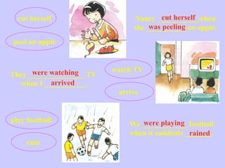 watch TV
peel an apple
Nancy ___________when
she ___________an apple.
cut herself
arrive
They _______________ TV
when I ___________.
were watching
cut herself
was peeling
arrived
We ____________ football
when it suddenly _______.
play football
rain
were playing
rained
 