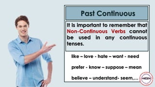 It is important to remember that
Non-Continuous Verbs cannot
be used in any continuous
tenses.
Past Continuous
like – love - hate – want - need
prefer - know – suppose – mean
believe – understand- seem,…
 