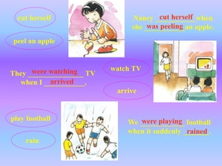 watch TV
peel an apple
Nancy ___________when
she ___________an apple.
cut herself
arrive
They _______________ TV
when I ___________.
were watching
cut herself
was peeling
arrived
We ____________ football
when it suddenly _______.
play football
rain
were playing
rained
 