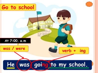 Go to school




 At 7:00. a.m

was / were
                   verb + ing


  He was going to my school.
 