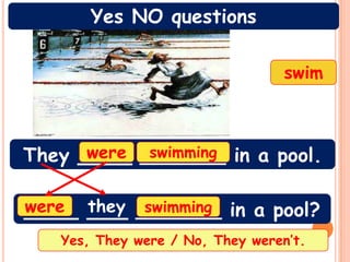 Yes NO questions

                                  swim



They ____ _______ in a pool.
      were swimming


____ ___ _______ in a pool?
were they swimming
   Yes, They were / No, They weren’t.
 