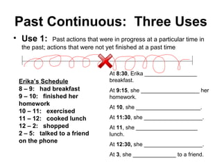 Past Continuous: Three Uses
• Use 1:     Past actions that were in progress at a particular time in
 the past; actions that were not yet finished at a past time



                                  At 8:30, Erika _________________
 Erika’s Schedule                 breakfast.
 8 – 9: had breakfast             At 9:15, she ___________________ her
 9 – 10: finished her             homework.
 homework
                                  At 10, she _____________________.
 10 – 11: exercised
 11 – 12: cooked lunch            At 11:30, she ___________________.
 12 – 2: shopped                  At 11, she ____________________
 2 – 5: talked to a friend        lunch.
 on the phone
                                  At 12:30, she ___________________.
                                  At 3, she ______________ to a friend.
 