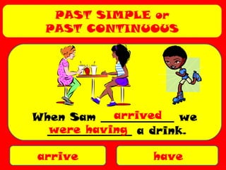 PAST SIMPLE or
PAST CONTINUOUS
arrive have
When Sam _____________ we
_______________ a drink.
arrived
were having
 