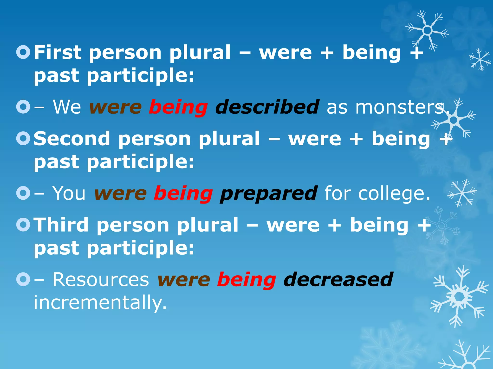 First person plural – were + being +
past participle:
– We were being described as monsters.
Second person plural – were + being +
past participle:
– You were being prepared for college.
Third person plural – were + being +
past participle:
– Resources were being decreased
incrementally.
 