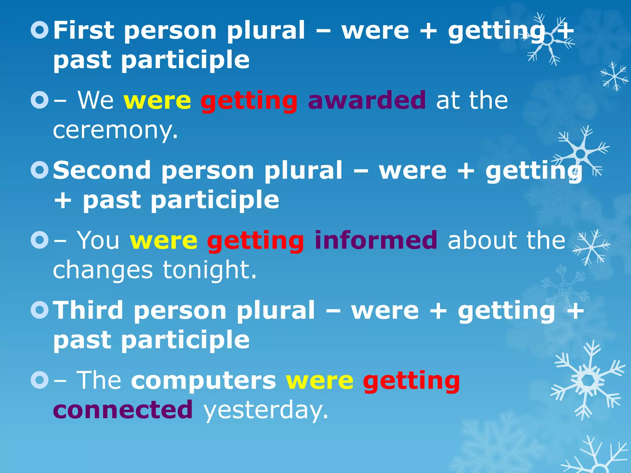 First person plural – were + getting +
past participle
– We were getting awarded at the
ceremony.
Second person plural – were + getting
+ past participle
– You were getting informed about the
changes tonight.
Third person plural – were + getting +
past participle
– The computers were getting
connected yesterday.
 