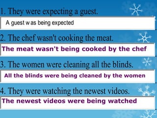 1. They were expecting a guest.
A guest was being expected
.
2. The chef wasn't cooking the meat.
.
3. The women were cleaning all the blinds.
.
4. They were watching the newest videos.
.
The meat wasn't being cooked by the chef
All the blinds were being cleaned by the women
The newest videos were being watched
 
