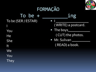 FORMAÇÃO
        To be + _________ing
To be (SER / ESTAR)    I __________________
I                       ( WRITE) a post...