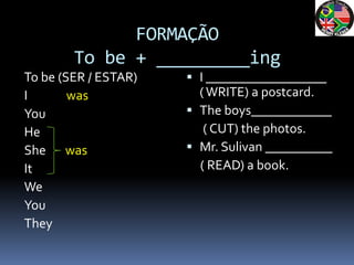FORMAÇÃO
        To be + _________ing
To be (SER / ESTAR)    I __________________
I       was             ( WRITE) a post...