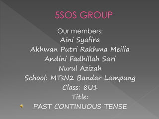 Our members:
Aini Syafira
Akhwan Putri Rakhma Meilia
Andini Fadhillah Sari
Nurul Azizah
School: MTsN2 Bandar Lampung
Class: 8U1
Title:
PAST CONTINUOUS TENSE
 