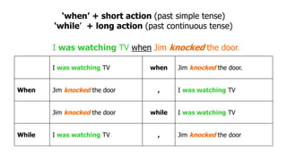 ‘when’ + short action (past simple tense)
‘while’ + long action (past continuous tense)
I was watching TV when Jim knocked the door.
When Jim knocked the door , I was watching TV
Jim knocked the door while I was watching TV
While I was watching TV , Jim knocked the door
I was watching TV when Jim knocked the door.
 