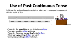 Use of Past Continuous Tense
2. We use the past continuous to say that an action was in progress at every moment
during a period of time.
• Yesterday she was sitting at her desk at work all day.
• You were working all day yesterday.
• Yesterday they were not playing football at 9am.
• What were you doing at 10pm last night?
• Jimmy was working at 10pm last night.
working workingworking working working working
8:00am 4: 00pm12:00pm
 