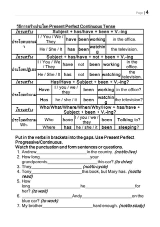 Page | 4
วิธีการสร้างประโยค Present Perfect Continuous Tense
โครงสร้าง Subject + has/have + been + V.-ing
ประโยคบอกเล่
า
I / You / We /
They
have been working in the office.
He / She / It has been
watchin
g
the television.
โครงสร้าง Subject + has/have + not + been + V.-ing
ประโยคปฏิเสธ
I / You / We
/ They
have not been working
in the
office.
He / She / It has not been watching
the
television.
โครงสร้าง Has/Have + Subject + been + V.-ing?
ประโยคคาถาม
Have
I / you / we /
they
been working in the office?
Has he / she / it been
watchin
g
the television?
โครงสร้าง
Who/What/Where/When/Why/How + has/have +
Subject + been + V.-ing?
ประโยคคาถาม
Wh-
Who have
I / you / we /
they
been Talking to?
Where has he / she / it been sleeping?
Put in the verbs in brackets into the gaps. Use Present Perfect
Progressive/Continuous.
Watch the punctuation and form sentences or questions.
1. Andrew_____________________in the country. (not/to live)
2. How long_____________________your
grandparents_____________________this car? (to drive)
3. They_____________________ (not/to cycle)
4. Tony_____________________this book, but Mary has. (not/to
read)
5. How
long_____________________he_____________________for
her? (to wait)
6. _____________________Andy_____________________on the
blue car? (to work)
7. My brother_____________________hard enough. (not/to study)
 