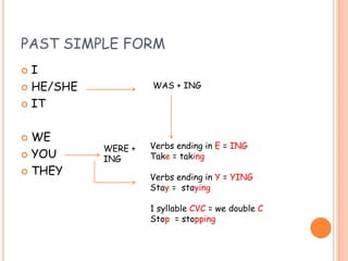 PAST SIMPLE FORM
 I
 HE/SHE
 IT
 WE
 YOU
 THEY
WAS + ING
Verbs ending in E = ING
Take = taking
Verbs ending in Y = YING
Stay = staying
1 syllable CVC = we double C
Stop = stopping
WERE +
ING
 