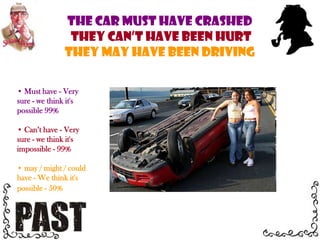  may / might / could have - We think it's possible - 50%They must have caught himHe can’t have escapedThey may have sent him to prison for a long time Must have - Very sure - we think it's possible 99%