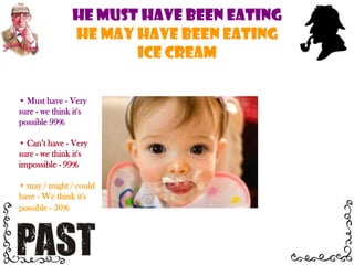  may / might / could have - We think it's possible - 50%They must have been angryIt can’t have been an accidentThe computer may have beenvery slow Must have - Very sure - we think it's possible 99%