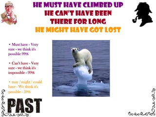  may / might / could have - We think it's possible - 50% Must have - Very sure - we think it's possible 99%