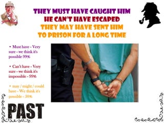  may / might / could have - We think it's possible - 50%He must have robbed a bankHe can’t have Taken much moneyThe police might have Seen him Must have - Very sure - we think it's possible 99%