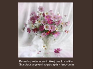 Permainų vėjas nuneš pūkelį ten, kur reikia.
Svarbiausia gyvenimo paslaptis - lengvumas.
 