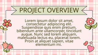 Lorem ipsum dolor sit amet,
consectetur adipiscing elit.
Suspendisse quis enim pretium,
bibendum ante ullamcorper, tincidunt
augue. Nunc sed lorem aliquam,
malesuada lectus eu, placerat lorem.
Proin at aliquet sapien, vitae
elementum mi.
PROJECT OVERVIEW
 