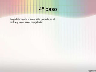 4º paso
La galleta con la mantequilla ponerla en el
molde y dejar en el congelador.
