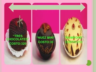 “TRES
              “NUEZ MINI”   “ROMPOPE”
CHOCOLATES”
               COSTO:30      COSTO:210
 COSTO:320
 