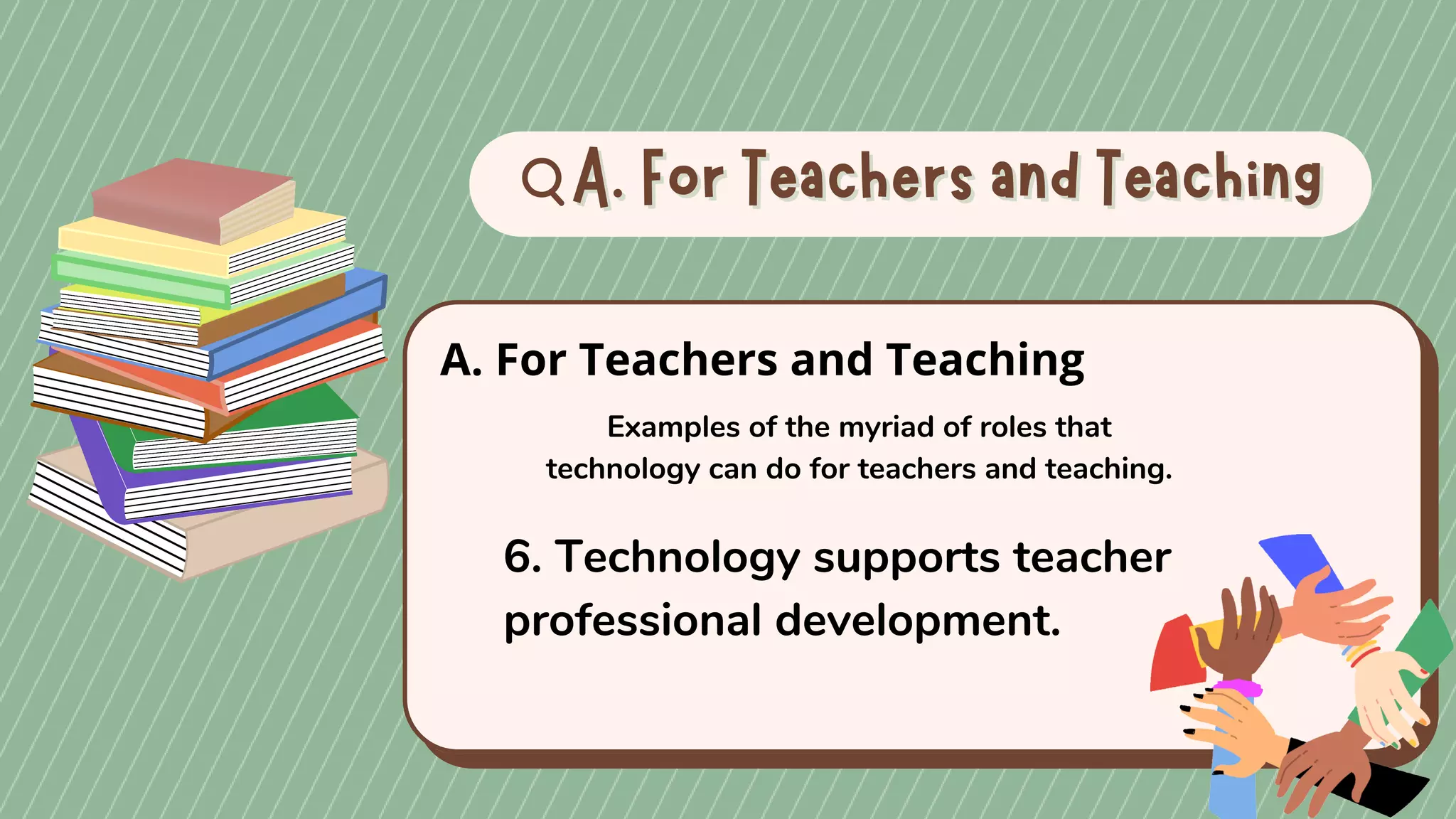 A. For Teachers and Teaching
A. For Teachers and Teaching
A. For Teachers and Teaching
Examples of the myriad of roles that
technology can do for teachers and teaching.
6. Technology supports teacher
professional development.
 