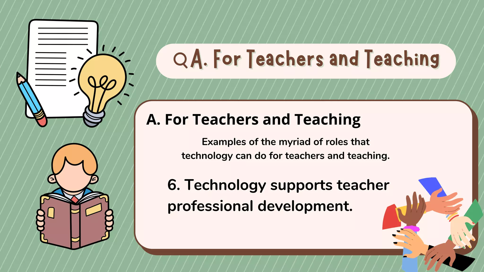 A. For Teachers and Teaching
A. For Teachers and Teaching
A. For Teachers and Teaching
Examples of the myriad of roles that
technology can do for teachers and teaching.
6. Technology supports teacher
professional development.
 