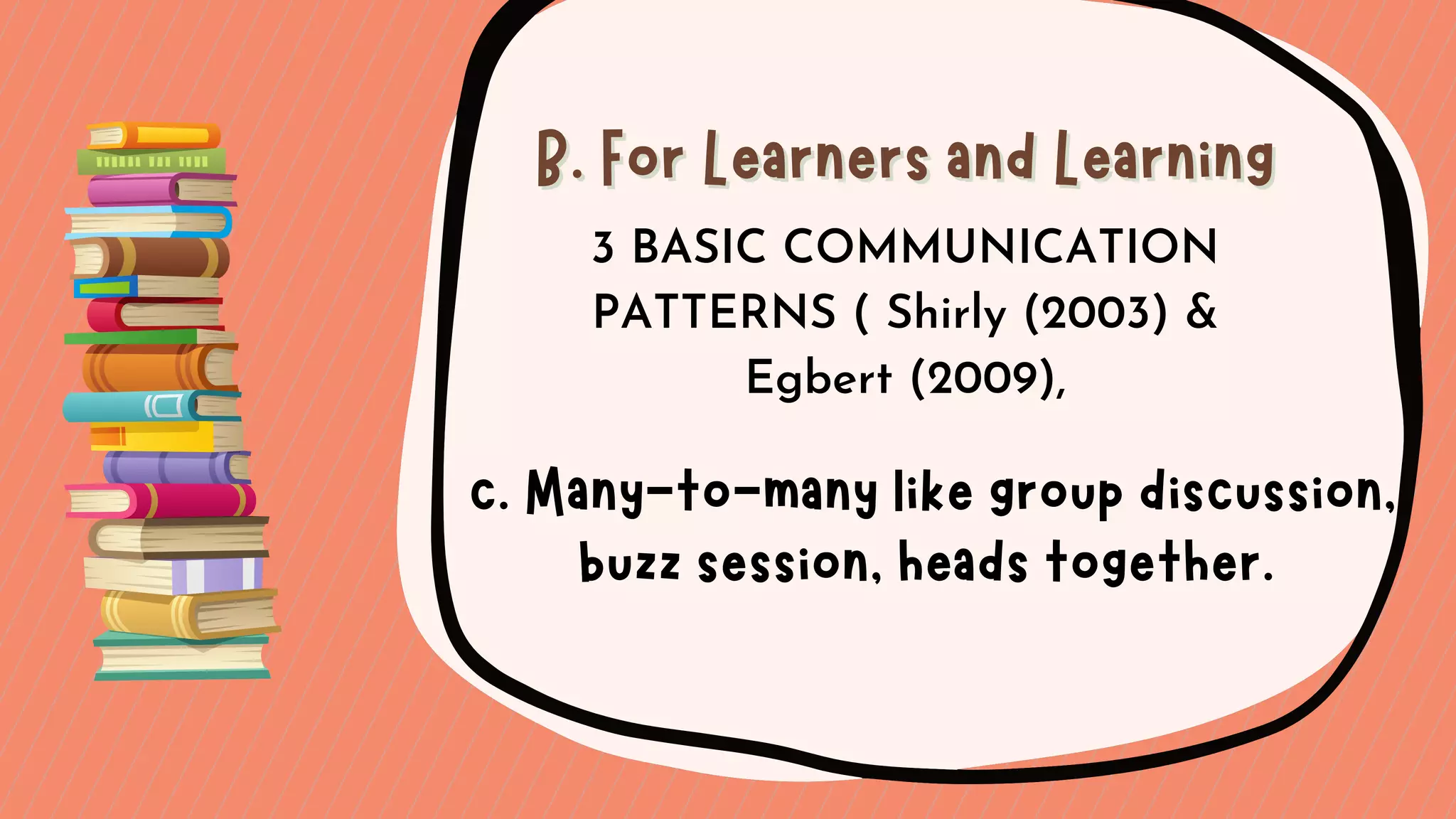 B. For Learners and Learning
B. For Learners and Learning
c. Many-to-many like group discussion,
buzz session, heads together.
3 BASIC COMMUNICATION
PATTERNS ( Shirly (2003) &
Egbert (2009),
 