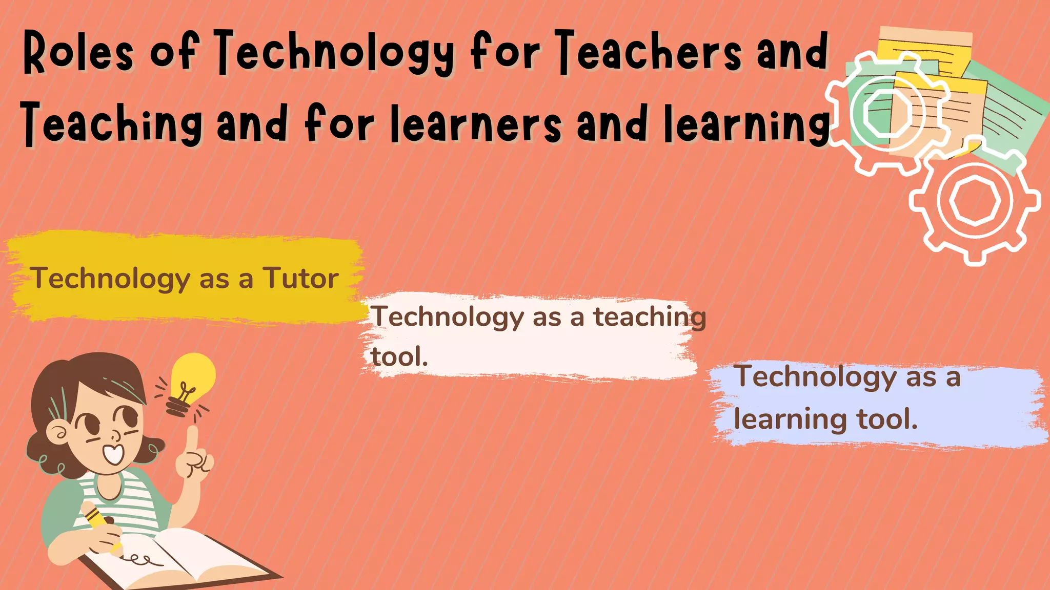 Roles of Technology for Teachers and
Roles of Technology for Teachers and
Teaching and for learners and learning
Teaching and for learners and learning
Technology as a
learning tool.
Technology as a teaching
tool.
Technology as a Tutor
 