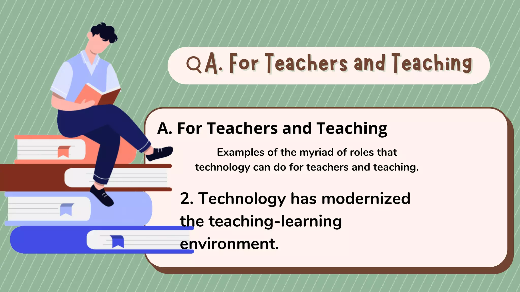 A. For Teachers and Teaching
A. For Teachers and Teaching
A. For Teachers and Teaching
Examples of the myriad of roles that
technology can do for teachers and teaching.
2. Technology has modernized
the teaching-learning
environment.
 