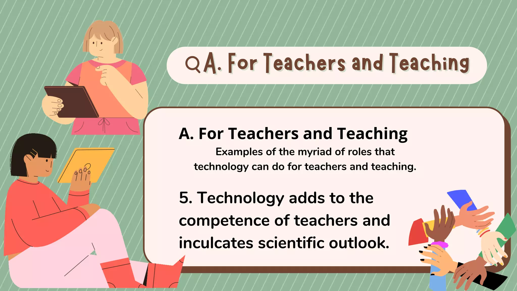 A. For Teachers and Teaching
A. For Teachers and Teaching
A. For Teachers and Teaching
Examples of the myriad of roles that
technology can do for teachers and teaching.
5. Technology adds to the
competence of teachers and
inculcates scientific outlook.
 