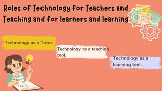 Roles of Technology for Teachers and
Roles of Technology for Teachers and
Teaching and for learners and learning
Teaching and for learners and learning
Technology as a
learning tool.
Technology as a teaching
tool.
Technology as a Tutor
 