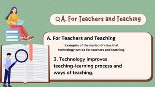 A. For Teachers and Teaching
A. For Teachers and Teaching
A. For Teachers and Teaching
Examples of the myriad of roles that
technology can do for teachers and teaching.
3. Technology improves
teaching-learning process and
ways of teaching.
 