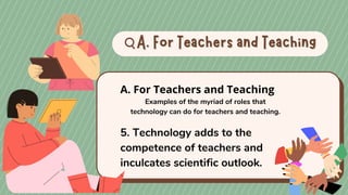 A. For Teachers and Teaching
A. For Teachers and Teaching
A. For Teachers and Teaching
Examples of the myriad of roles that
technology can do for teachers and teaching.
5. Technology adds to the
competence of teachers and
inculcates scientific outlook.
 