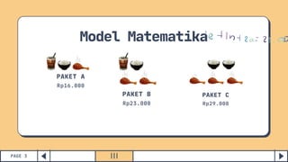 Model Matematika
PAGE 3
Rp16.000
PAKET A
Rp23.000
PAKET B
Rp29.000
PAKET C
 