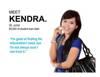 MEET

KENDRA.
20, Junior
$5,000 of student loan debt


“I'm good at finding the
information I need, but
I'm not always sure I
can trust it.”
 