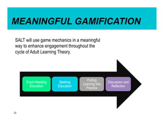 MEANINGFUL GAMIFICATION
 SALT will use game mechanics in a meaningful
 way to enhance engagement throughout the
 cycle of Adult Learning Theory.




                                      Putting
      Event Needing     Seeking                     Discussion and
                                    Learning Into
        Education      Education                      Reflection
                                      Practice




23
 