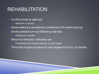 REHABILITATION
 Confine horse to stall rest
    Minimum 3 months

 Hand-walking is sometimes considered at 6 weeks post-op
 Small paddock turn-out following stall rest
    Additional 3 months

 Return to exercise / intended use
    Considered at 6 months post-op, in most cases

 Time from surgery to return to use ranges from 6 to 12 months
 