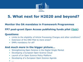 5. What next for H2020 and beyond?
Monitor the OA mandates in Framework Programmes
FP7 post-grant Open Access publishing funds pilot (link)
Questions:
• Limits to the eligibility of Article Processing Charges and other conditions?
• Extension of the ORD Pilot to more areas?
• DMPs mandatory for all?
And much more in the bigger picture...
• Strengthening Open Science in the Digital Single Market
• Developing a European Open Science Cloud
• Launch of an Open Science Policy Platform
• Developing of a European Open Science Agenda
• ...
 